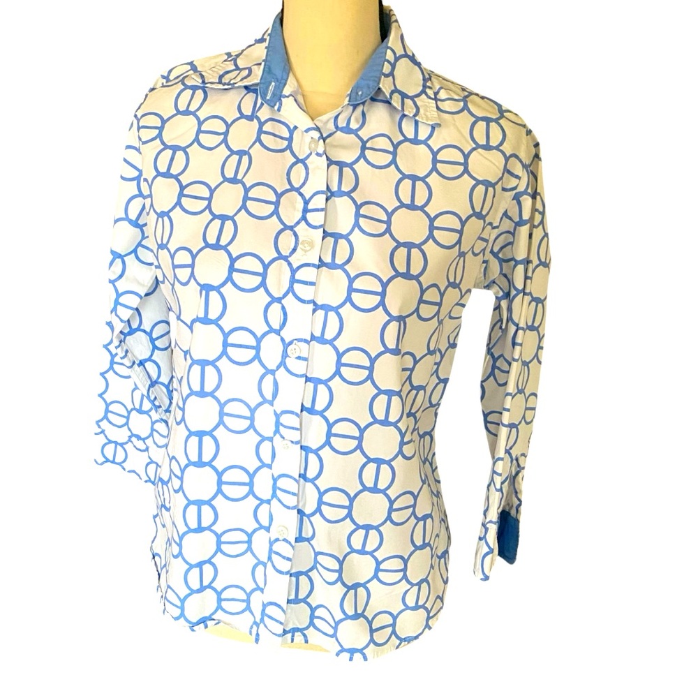 Cape Madras Women’s Button Down 3/4 Sleeve white/Blue Blouse (M)